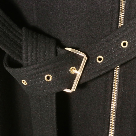 Michael Kors Black Wool Blend Zip Belted Gold Accents Coat Jacket Womens 2XL - Picture 3 of 12